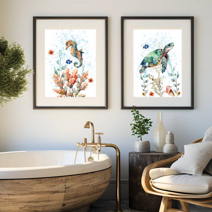 Designs by Michaela – wholesale Konsttryck – Havssköldpadda konsttryck, kustdekor, akvarell Sealife Art2