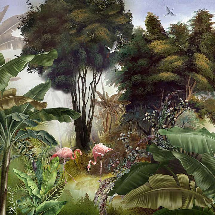 Flamingos Tropical Trees Wallpaper, Light Green Nature Wall Mural, Jungle Forest Scene, Non-Woven, Non-Pasted, Removable, Custom Exotic Wall Print Art for wholesale by Walloro Luxury Embossed Wallpaper