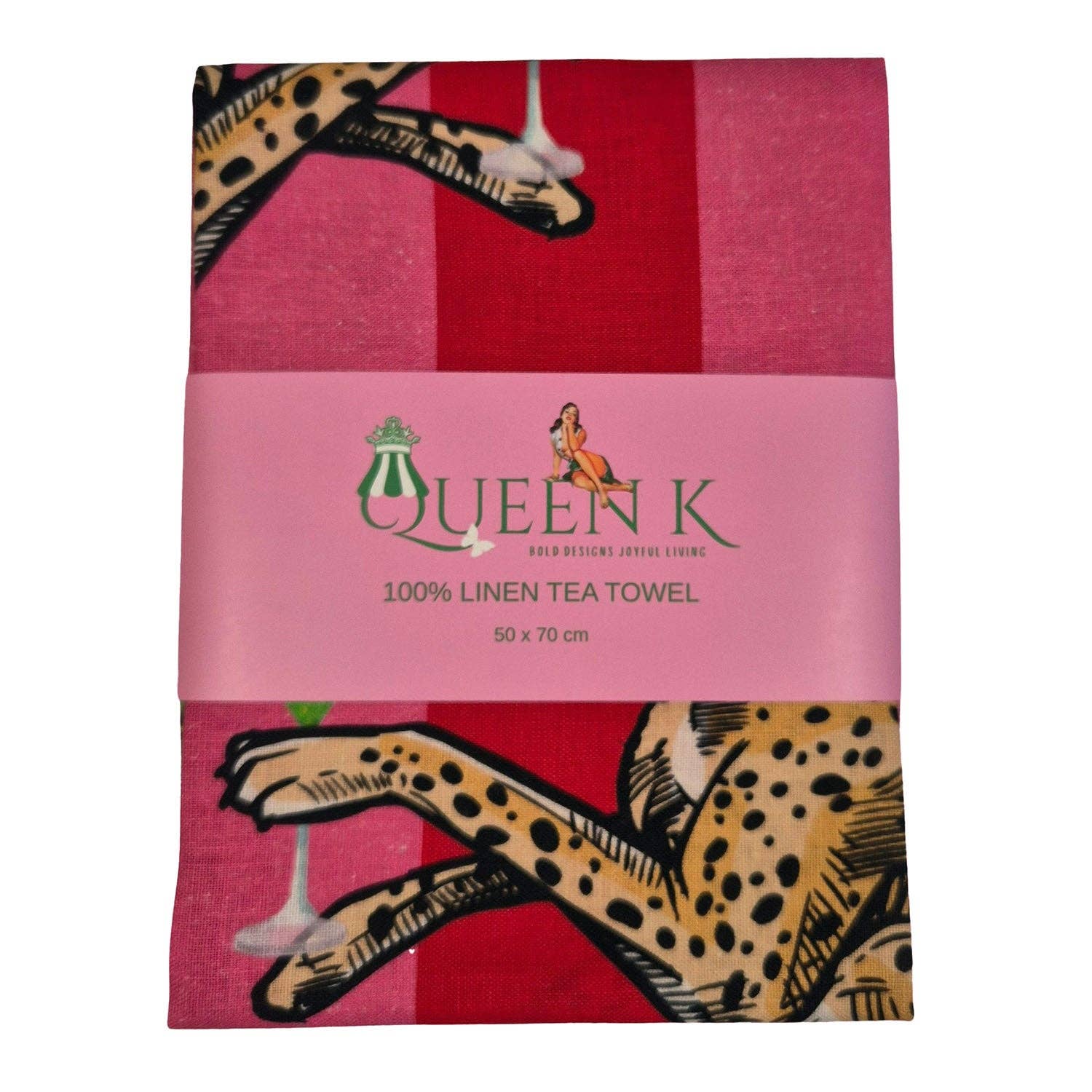 Queen K - Wholesale Tea towel - Cocktail Cheetah Red & Pink Striped 100% Linen Tea Towel1