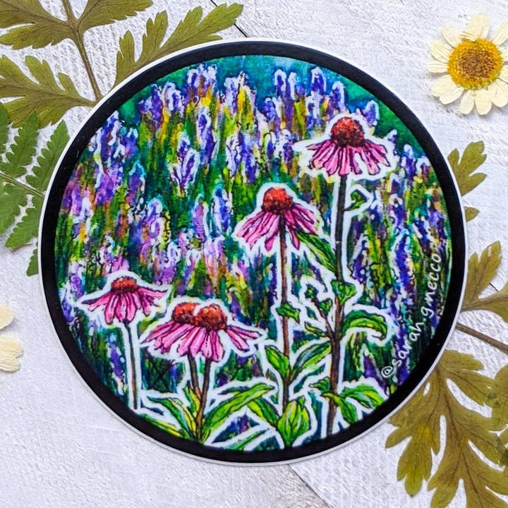 BarnHouse Studios - Wholesale Sticker - Echinacea Flowers and Lavender, 3" Circle Vinyl Sticker