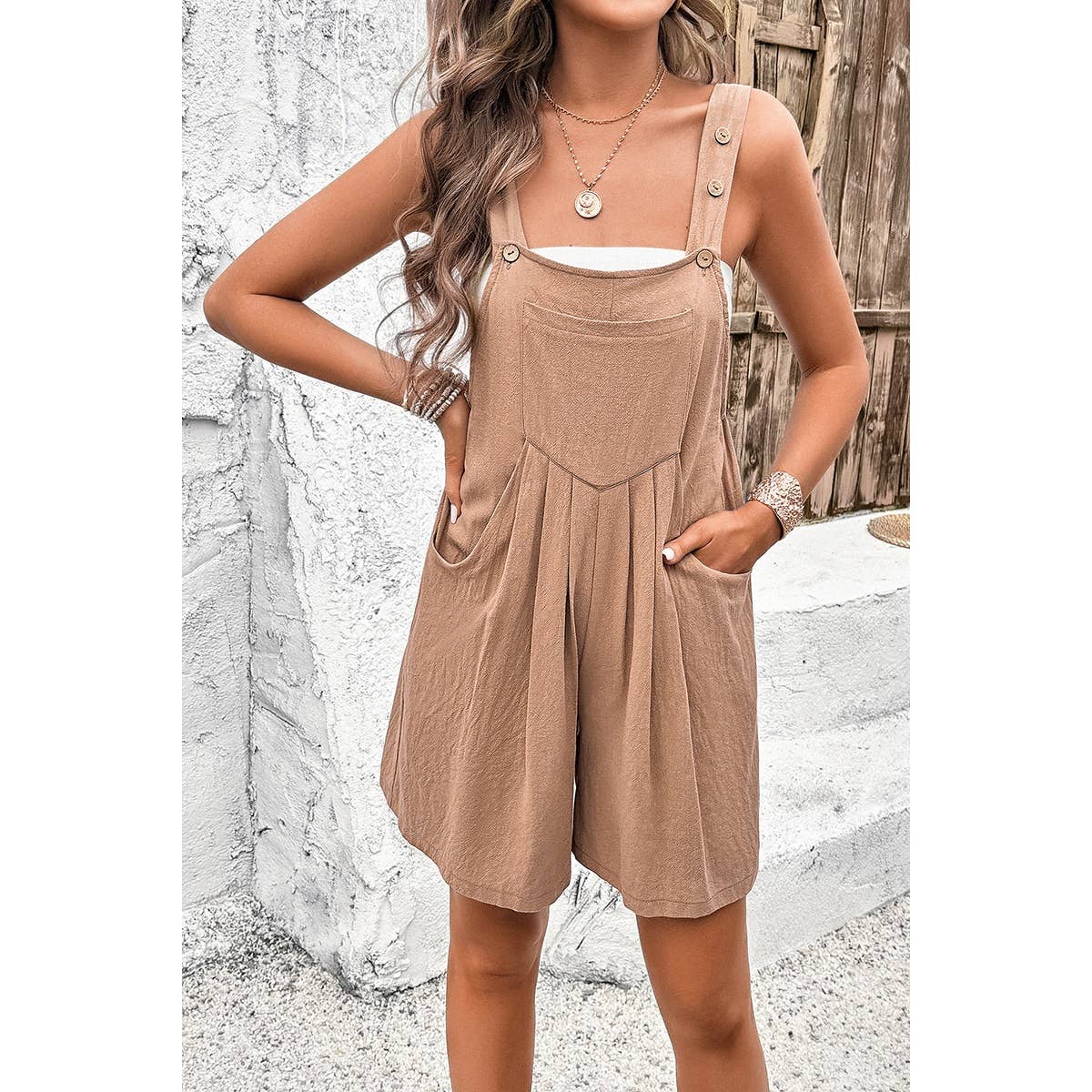 Supreme Fashion - Wholesale Romper - Women's - Square Neck Pockets Button Tirm Ruched Romper7
