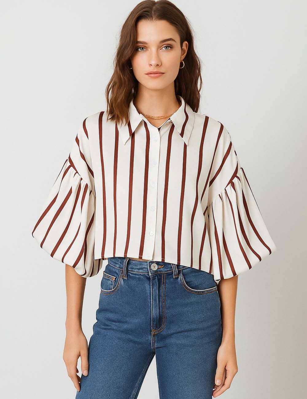 Sweetkama – wholesale Buttoned-down shirt – Women's – Ladies Striped Puff Sleeves Button Shirt SP0681
