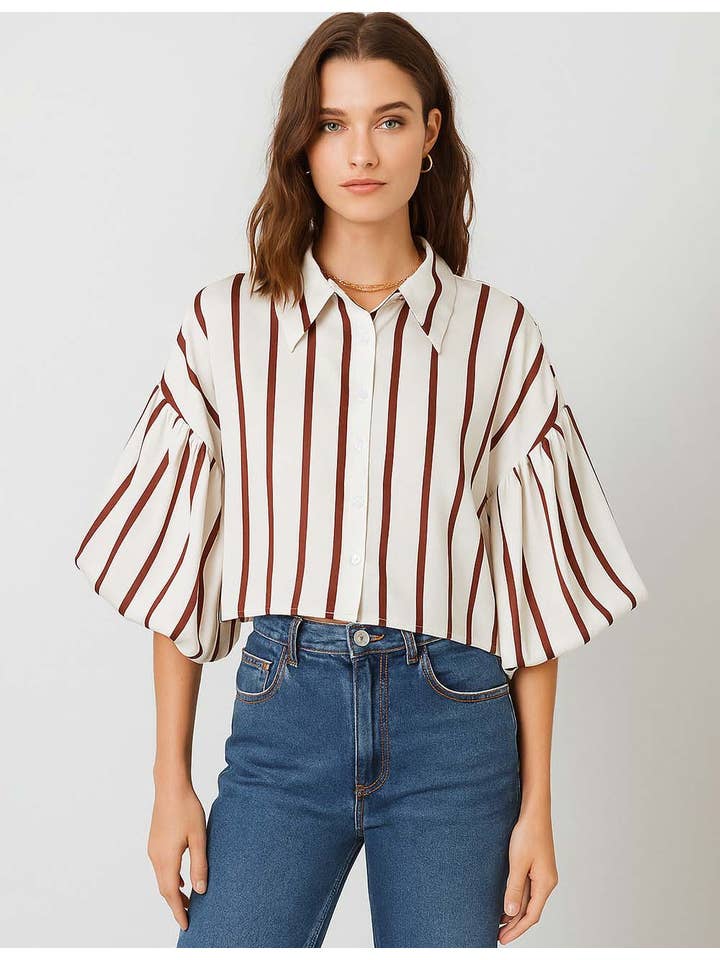 Sweetkama – Großhandel Hemd mit Button-down-Kragen – Damen – Gestreiftes Hemd mit Puffärmeln und Knöpfen für Damen SP0689