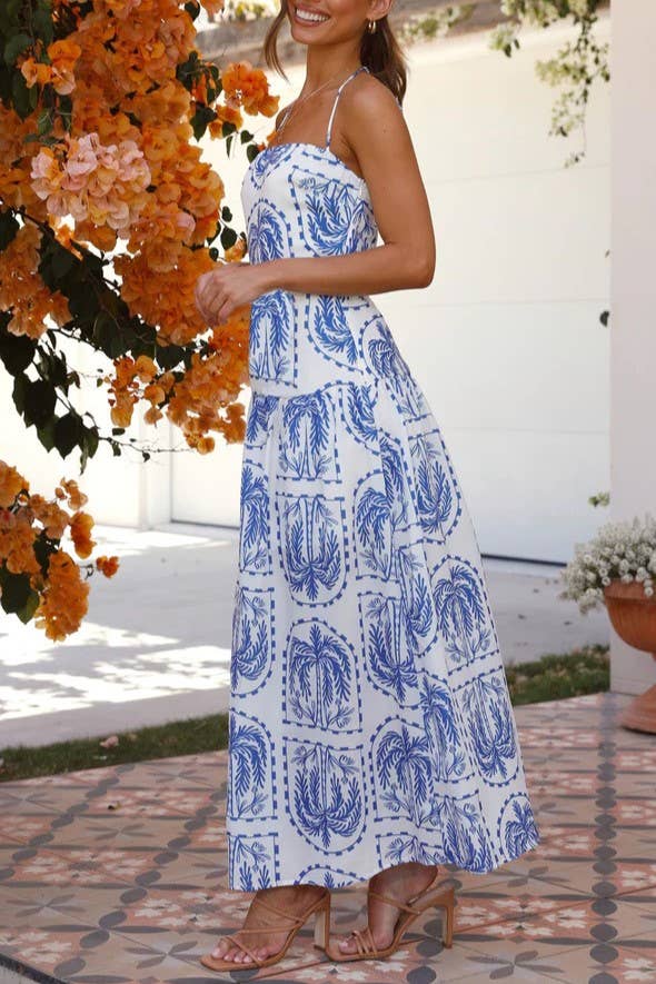 Rosa Clothing - Wholesale Dress - Women's - palm print red halterneck maxi summer dress2