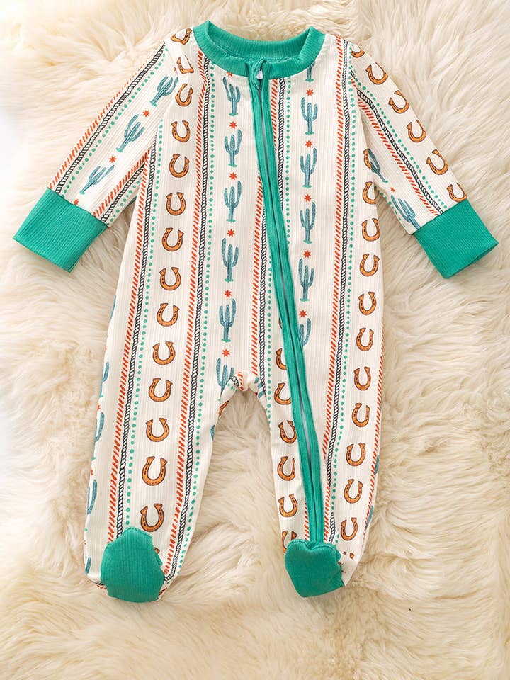 Kids Charm Online - Wholesale Jumpsuit - Baby - Horseshoe & Cactus printed teal trim baby bodysuit. RPB50730