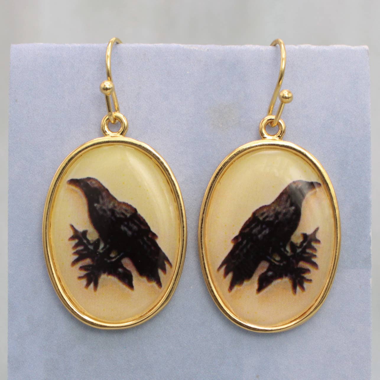 ZAD - Wholesale Dangle Earrings - Vintage Raven Print Gold Earrings3