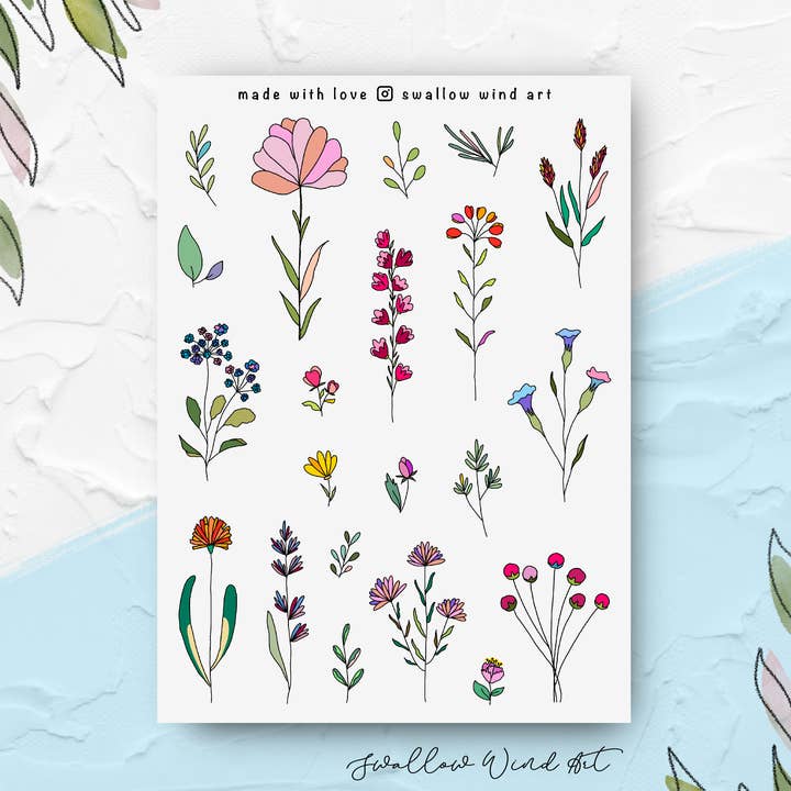 Feuille d'autocollants - Fleurs sauvages et feuilles v1 pour la vente par Swallow Wind Art