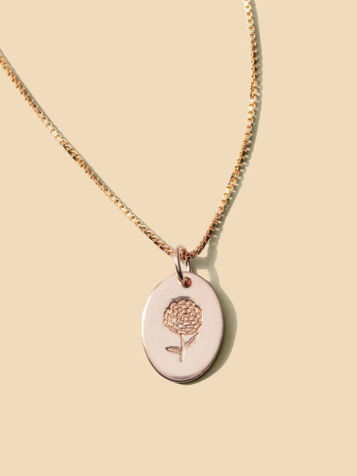 Marigold • October Birth Flower Oval Necklace for wholesale by Everly Made