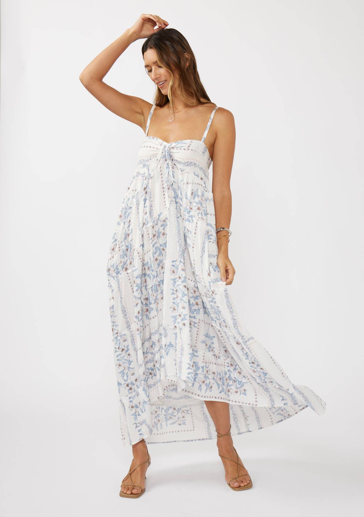 Creamy Dusty Blue Hi-Lo Spaghetti Strap Patchwork Ruffle Maxi Dress for wholesale on Faire5