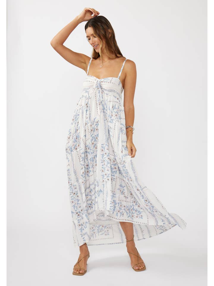 Creamy Dusty Blue Hi-Lo Spaghetti Strap Patchwork Ruffle Maxi Dress for wholesale on Faire5