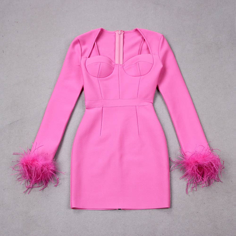 Sanyao Fashion – Großhandel Kleid – Damen – SY315 Elegantes Langarmkleid mit Straußenfedern für Herbst und Winter6