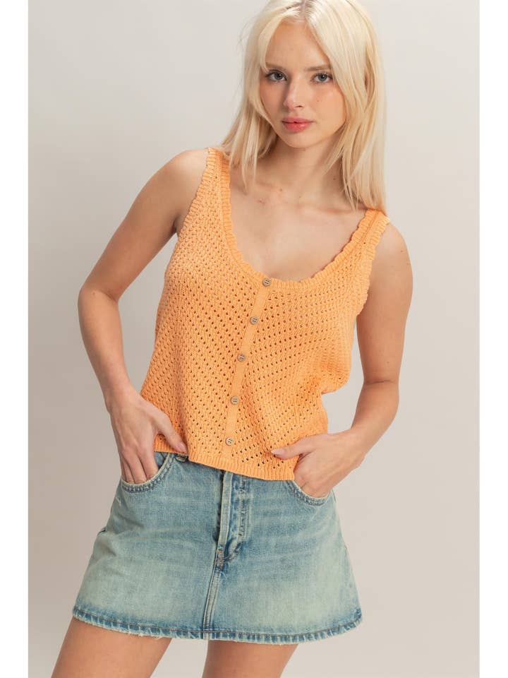 Open Knit Scallop Edge Button Front Tank Top for wholesale by HYFVE