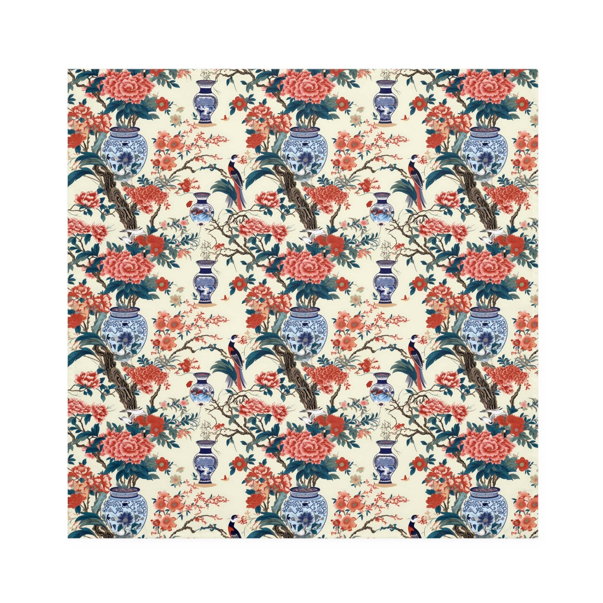 Blanc Serviettes de table chinoiserie en toile beige et pot à gingembre bleu, 4 pièces en vente sur Faire1