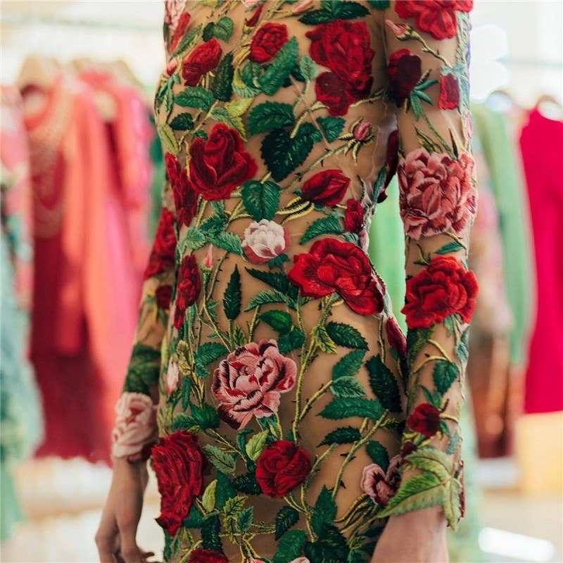 FurDecoration - Wholesale Dress - Women's - Mock Neck Peony Embroidered Bodycon Dress1
