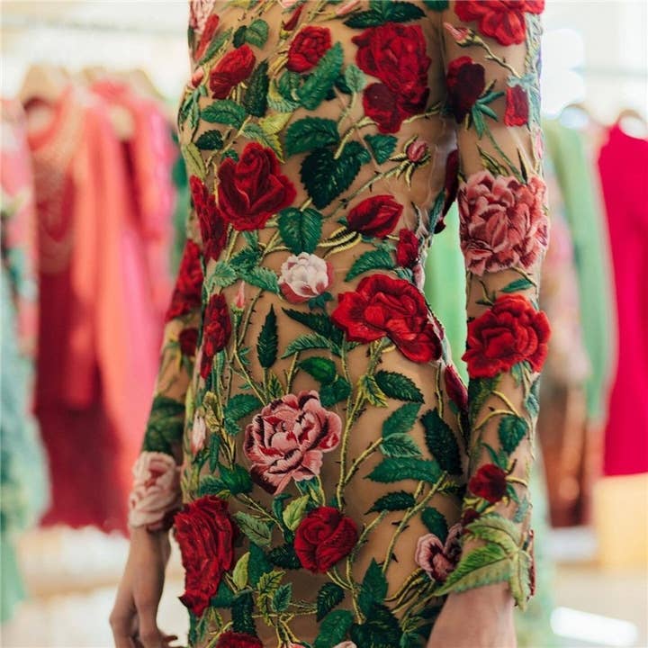 FurDecoration - Wholesale Dress - Women's - Mock Neck Peony Embroidered Bodycon Dress1
