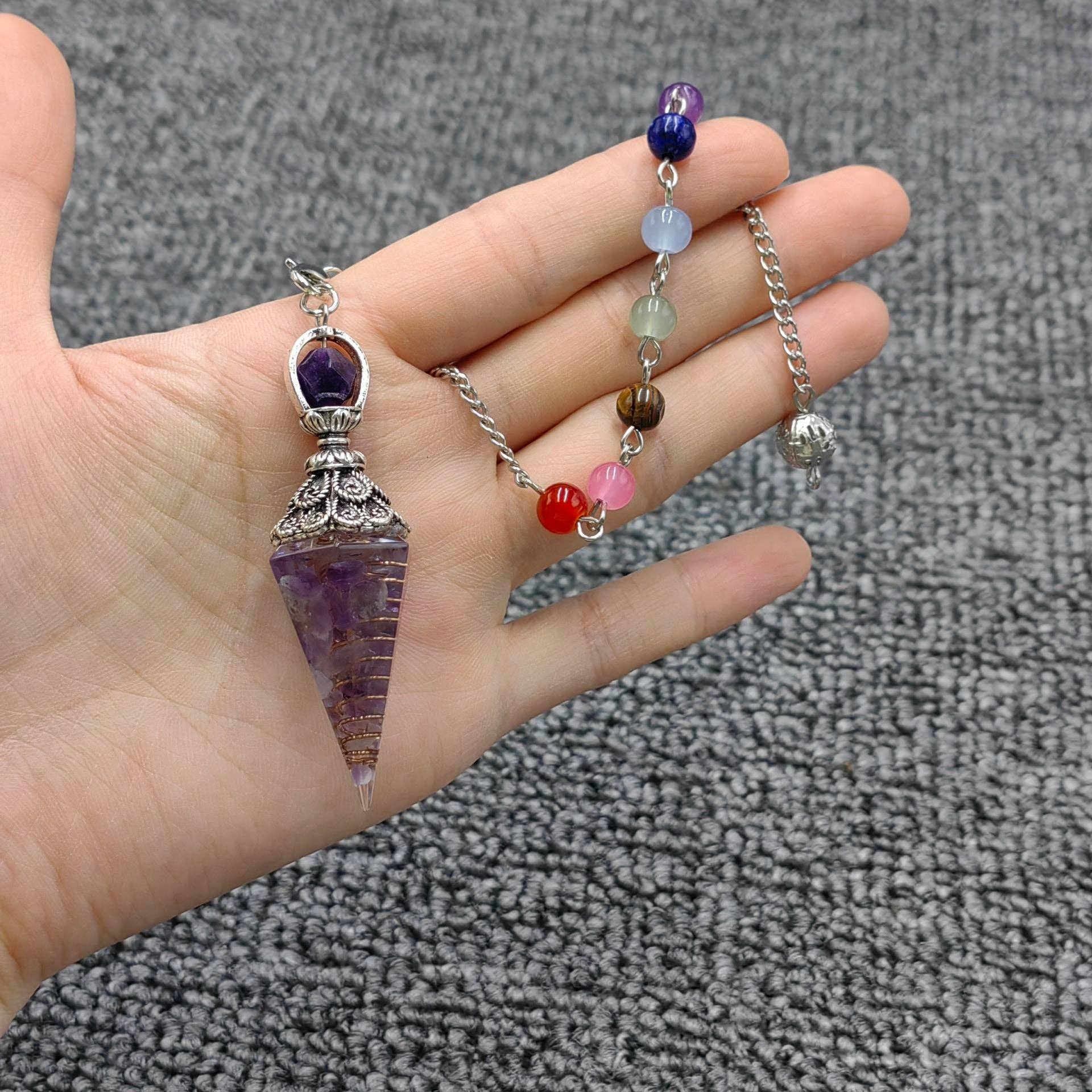 Mio Queena - Wholesale Spiritual Stone/Crystal - Hexagonal Cone Gravel Pendulum with Chakra Chain - CS27