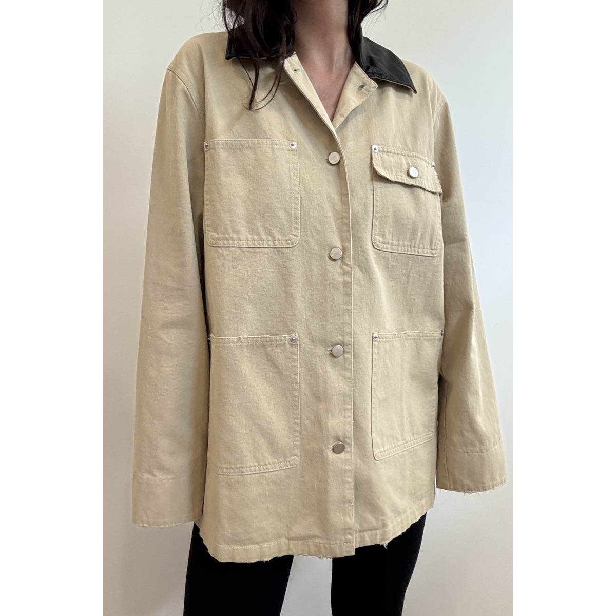 KHAKI Contrast Collar Oversized Workwear Jacket for wholesale on Faire7
