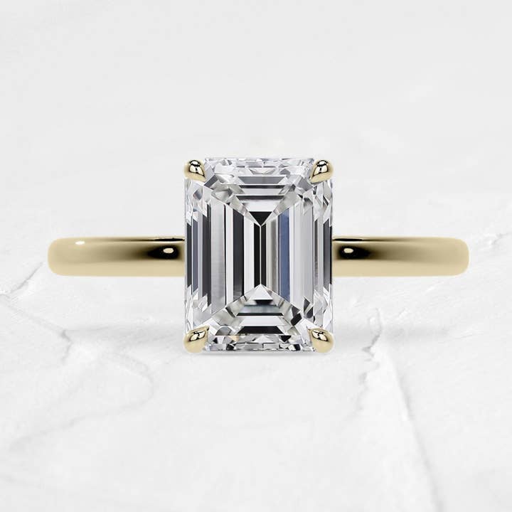 2.5CT Hidden Halo Emerald cut Moissanite Ring in 14K Gold for wholesale by DJOYR