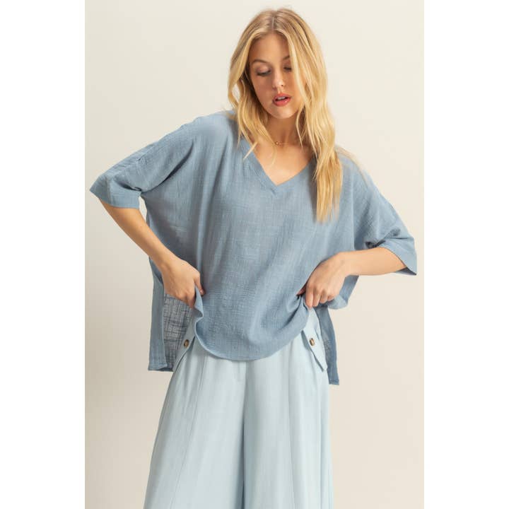 HYFVE - Wholesale Shirt - Women's - HF25E033-V-Neck Oversized Semi-Sheer Cotton Top