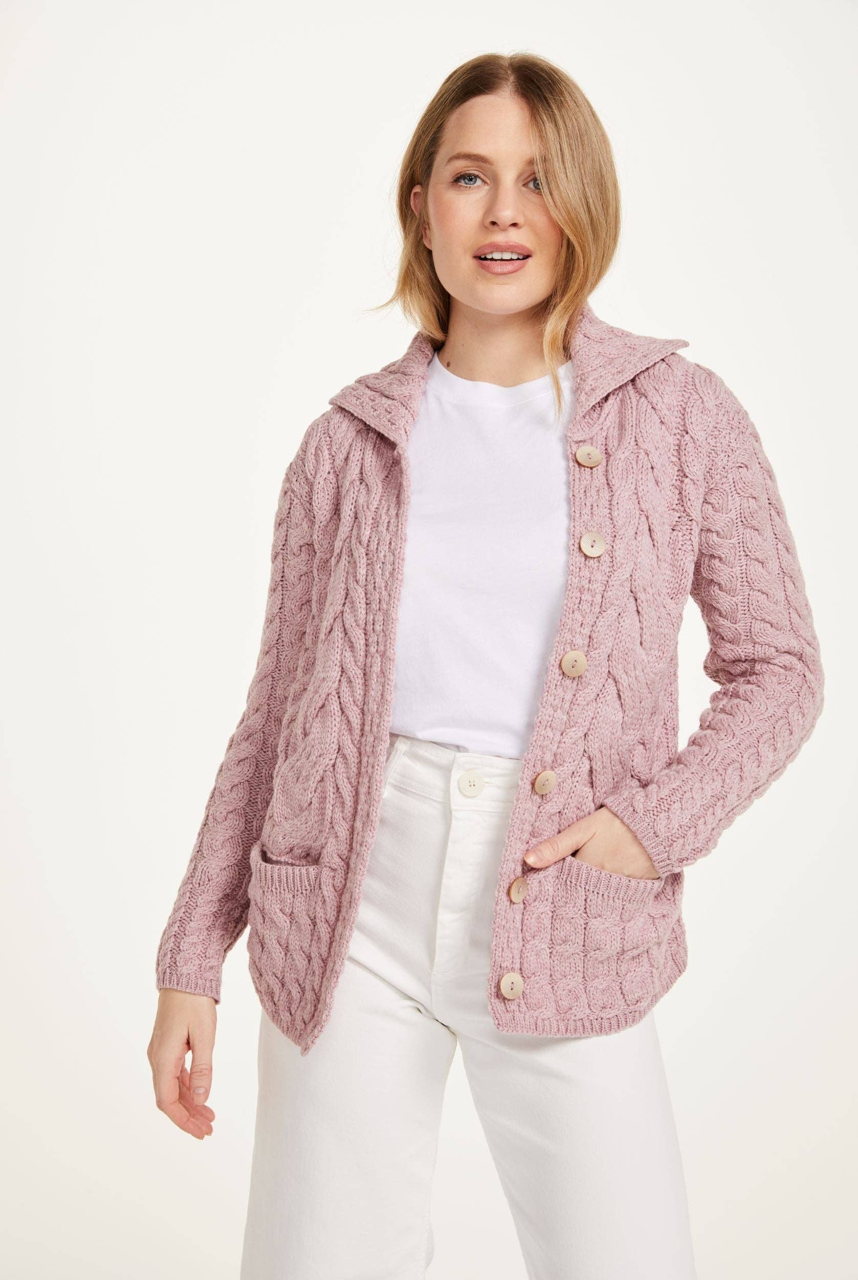 Aran Woollen Mills - Wholesale Cardigan - Women's - Belcarra Ladies Aran Cardigan - Blush Pink2