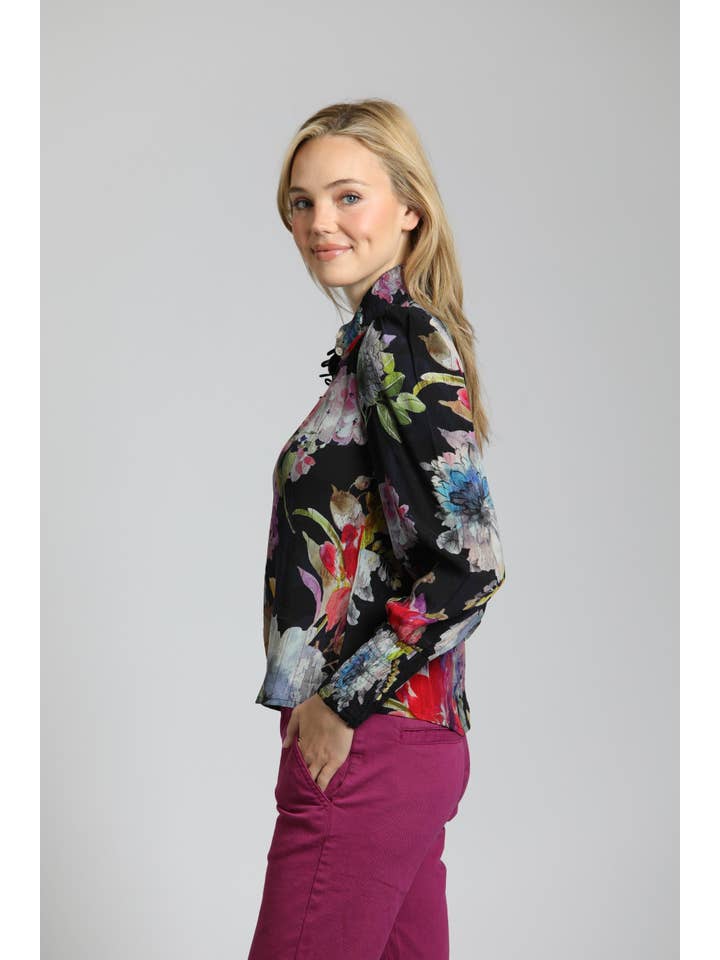MULTI Colorful Painted Bloom Print - Puff Sleeve Blouse With Ruched Detail for wholesale on Faire