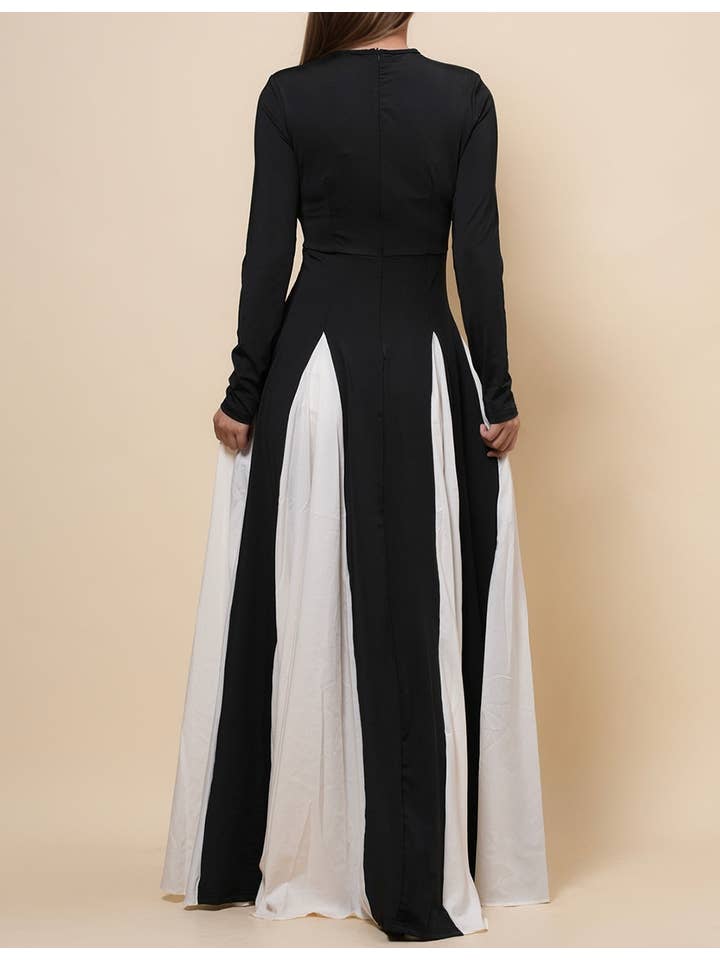Black Ladies Elegant Color Block Godet Hem Maxi Dress SKD4886 for wholesale on Faire