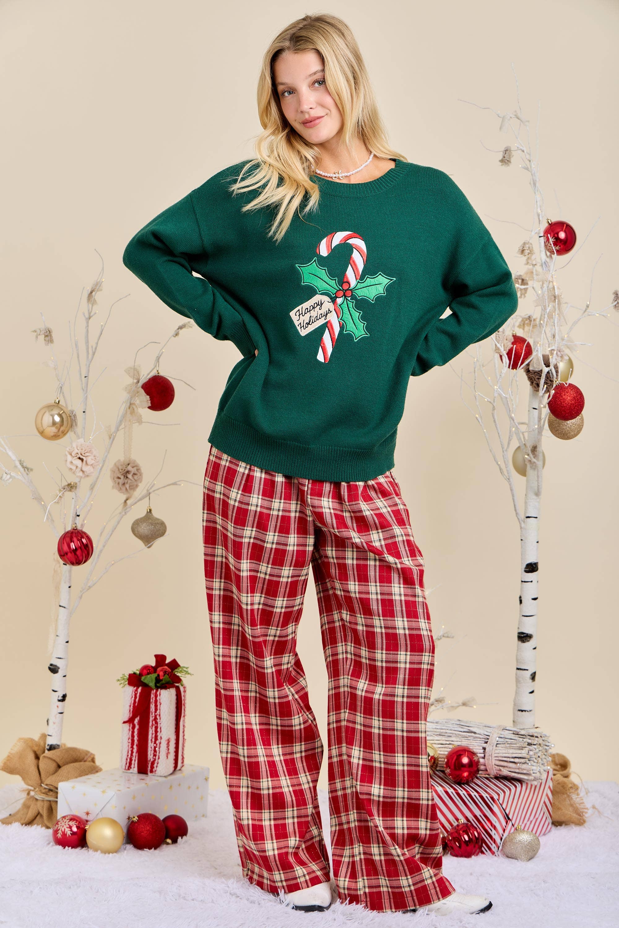 HUNTER GREEN Candy Cane Holidays Knit Sweater Christmas Ready to ship🍬 for wholesale on Faire7