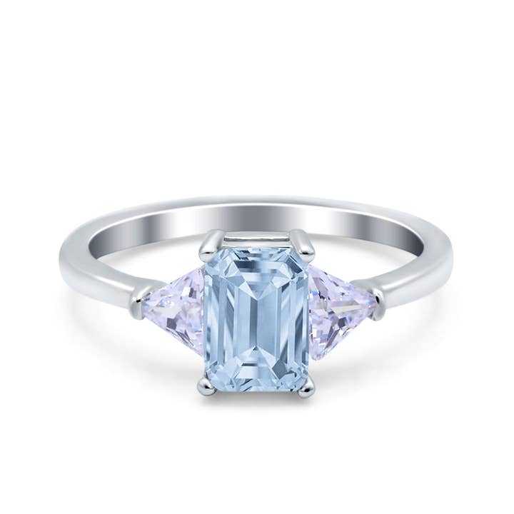 Bague de fiançailles art déco taille émeraude, aigue-marine simulée, CZ pour la vente par Blue Apple Imports