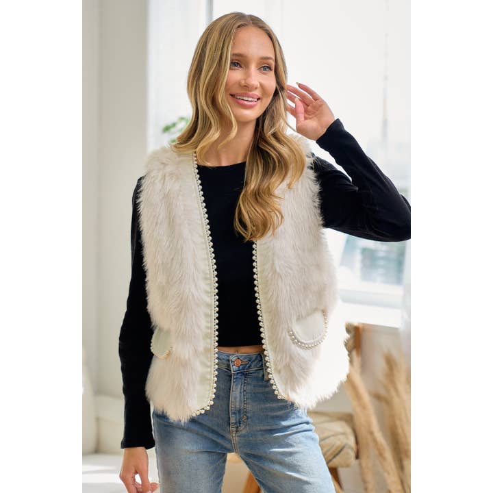 Faux Fur Vest with Pearl and Faux Leather Trim for wholesale by BNS