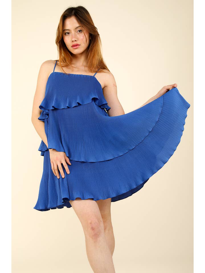 VERY J - Wholesale Dress - Women's - ND31222-Sleeveless Pleats Asymmetrical Tiered Mini Dress