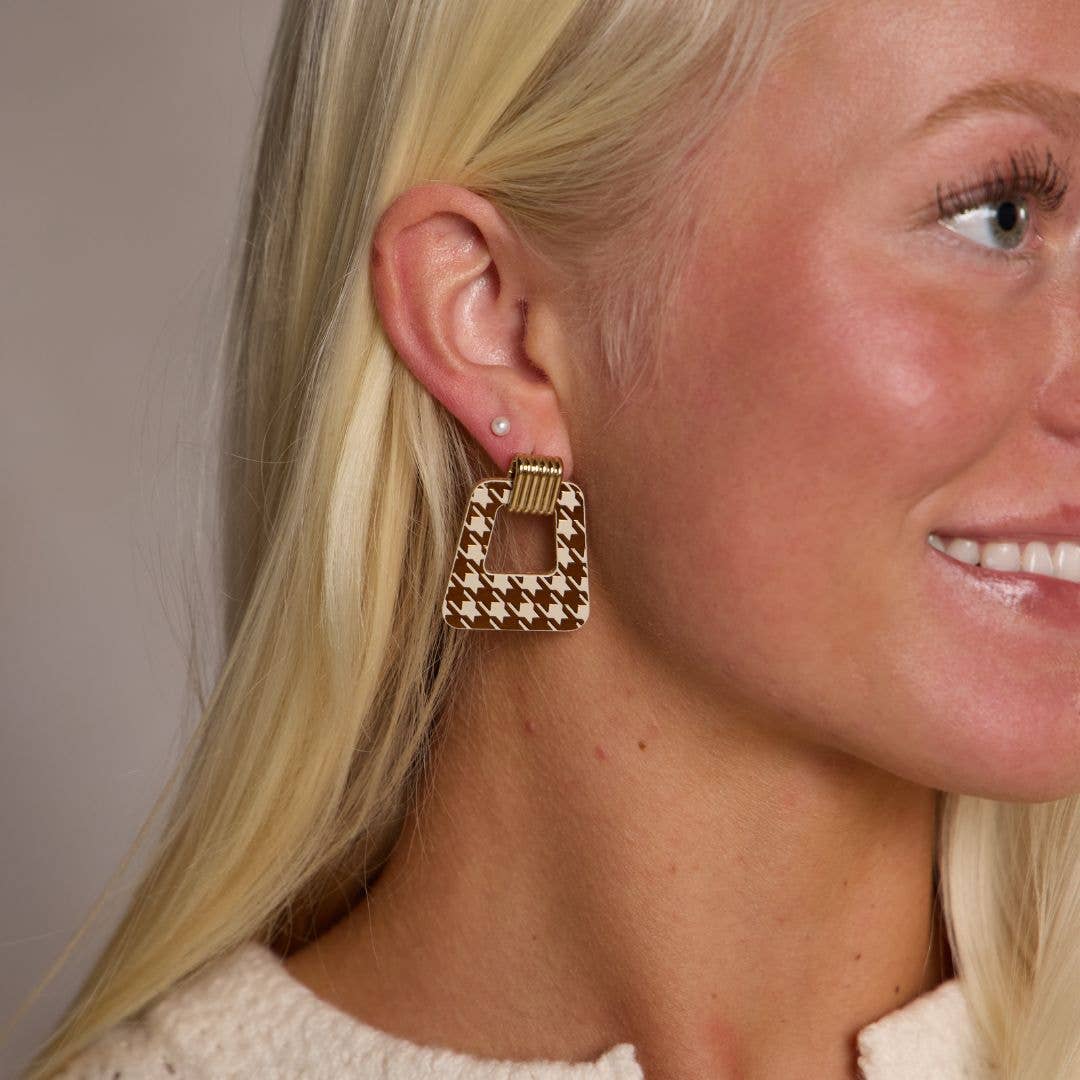 Nickel and Suede - Wholesale Dangle Earrings - Ecru & Bronze Houndstooth Avery1