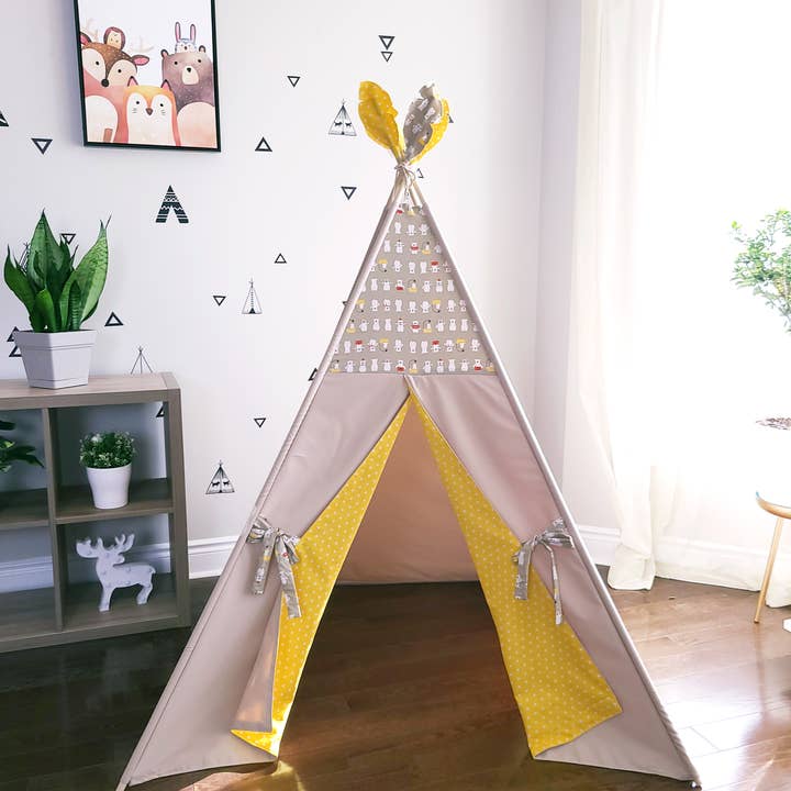 The Teepee Store - Wholesale Tent - Kids - White Polar Bear in Shower Yellow Taupe Play Teepee Tent