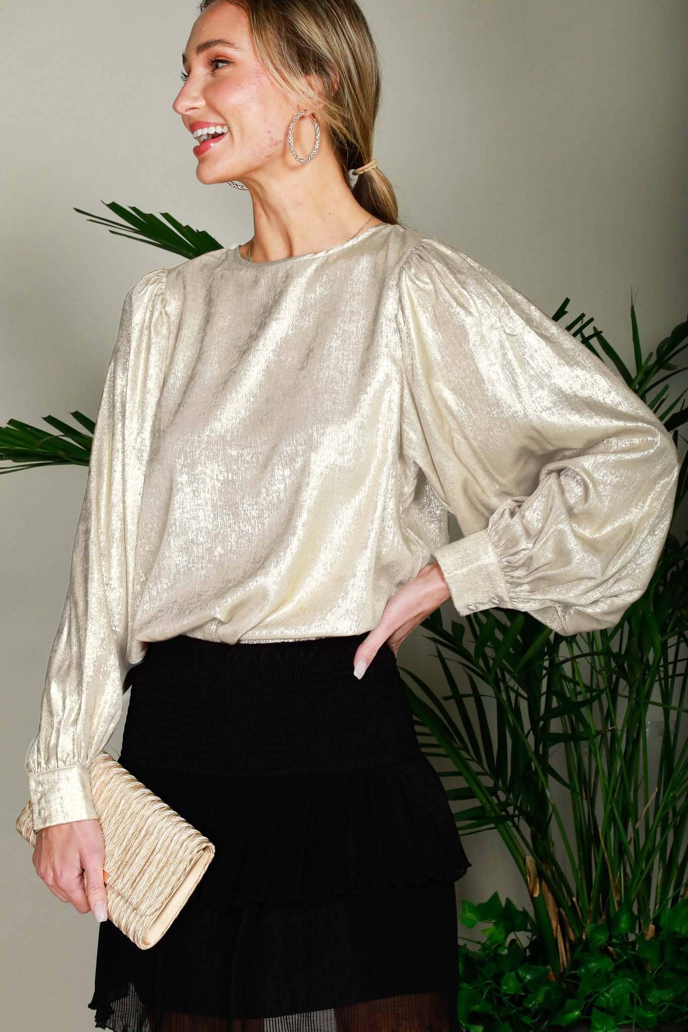 Vine & Love - Wholesale Blouse - Women's - Long Balloon Sleeve Metallic Woven Blouse Top  VT31320D22
