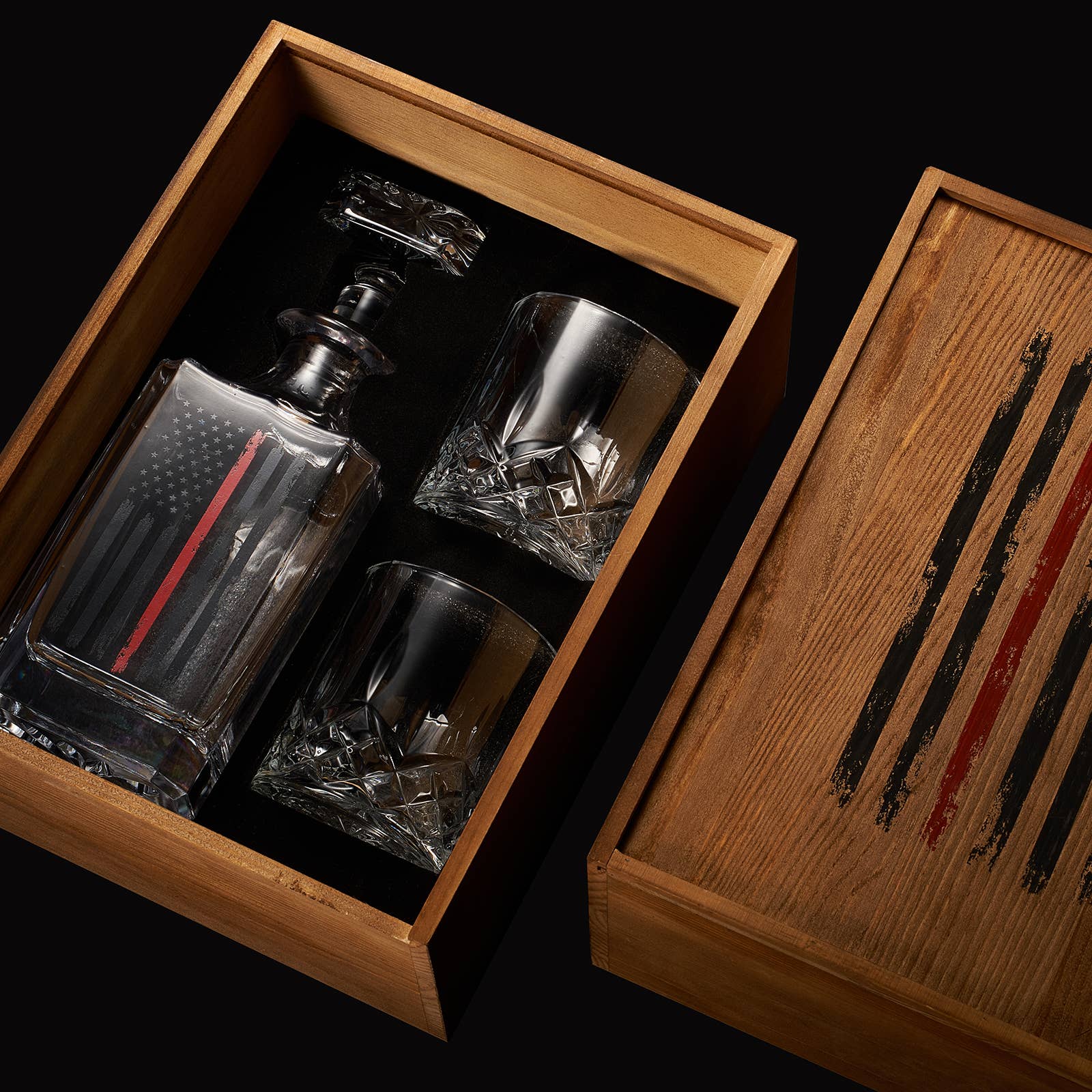 The Wine Savant /  Khen Glassware - Wholesale Decanter - Firefighter Tactical Red American Flag Decanter Set4