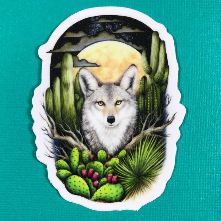 Sticker coyote et pleine lune pour la vente par Abundance Illustration