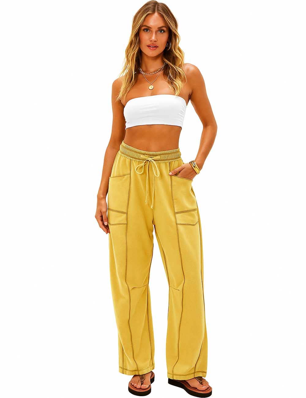 Sweetkama - Wholesale Pants - Women's - Ladies Contrast Stitching Elastic Waist Drawstring Barrel Pants11