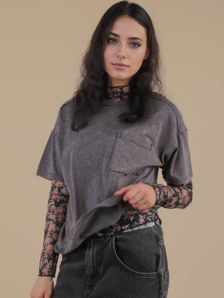 VERY J - Wholesale Knit Top - Women's - NT11108-Mineral Washed Knit Top with Pocket