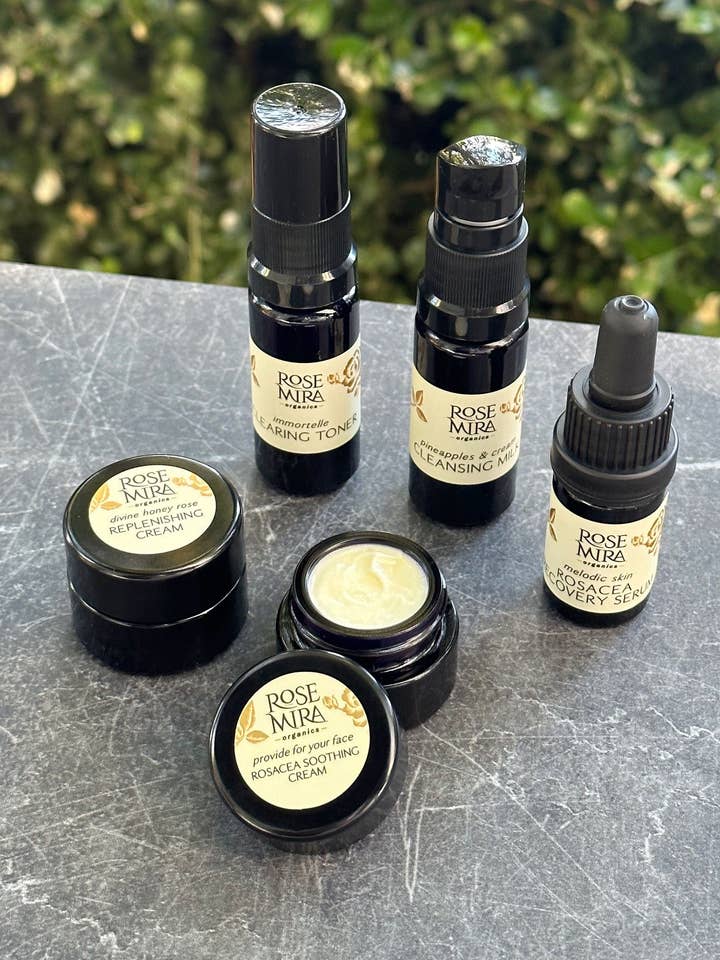 Rosacea Repair Mini Collection in Swiss Violet Glass for wholesale by Rosemira Organics