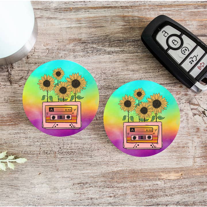 Juego de posavasos para coche con cinta de cassette para venta al por mayor de Wicked Flower Creations