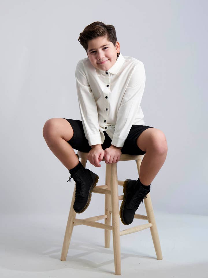 Camisa de vestir de manga larga con botones negros y contraste de pata de gallo para venta al por mayor de Mofi Boys Clothing