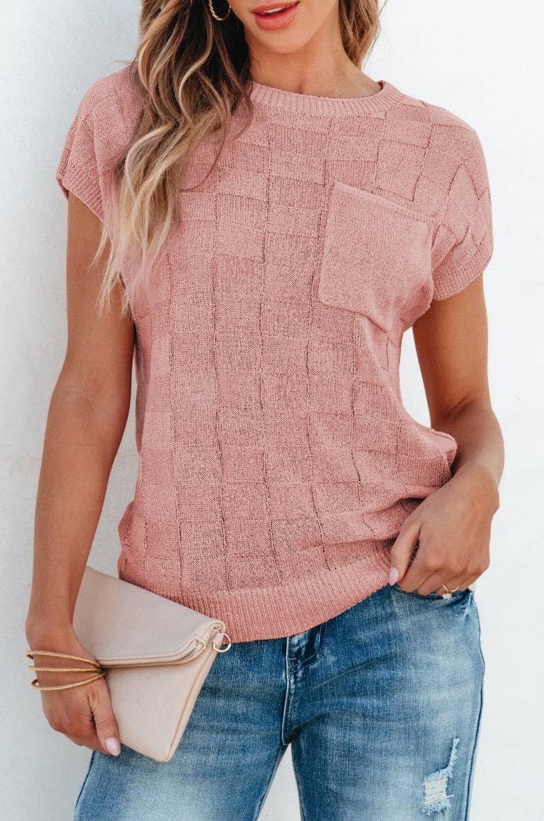 Threaded Pear - Wholesale Knitted jumper – Women′s - Andrea Lattice Textured Knit Short Sleeve Sweater0