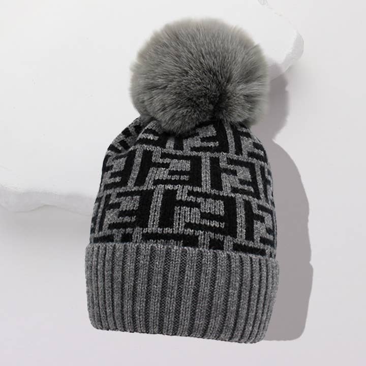 Greek Geometric Patterned Pom Pom Beanie Hat for wholesale by Sensibling Corp.