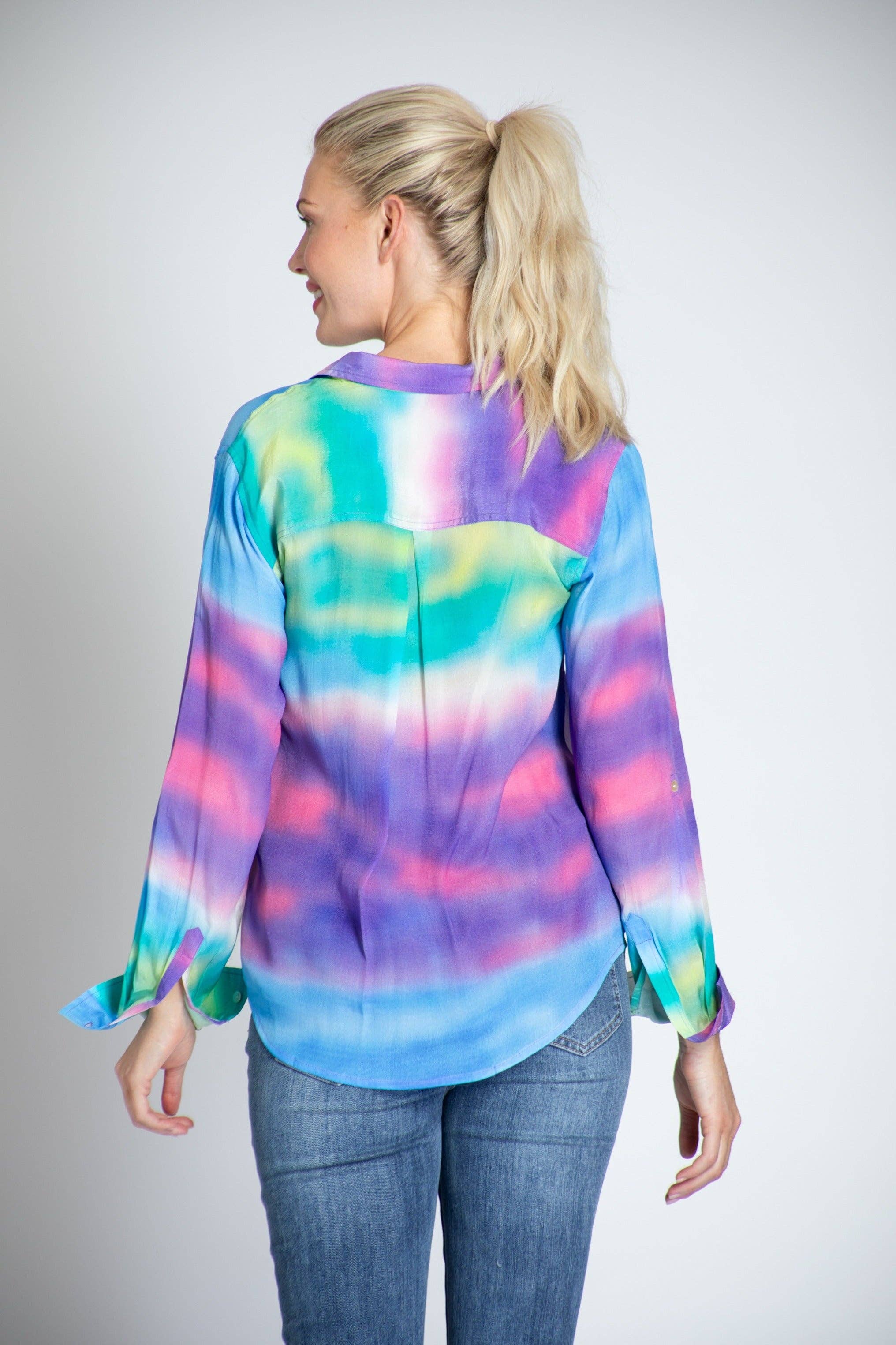 No Color Colorful Ombre Print - Button-up With Roll-up Sleeve for wholesale on Faire2