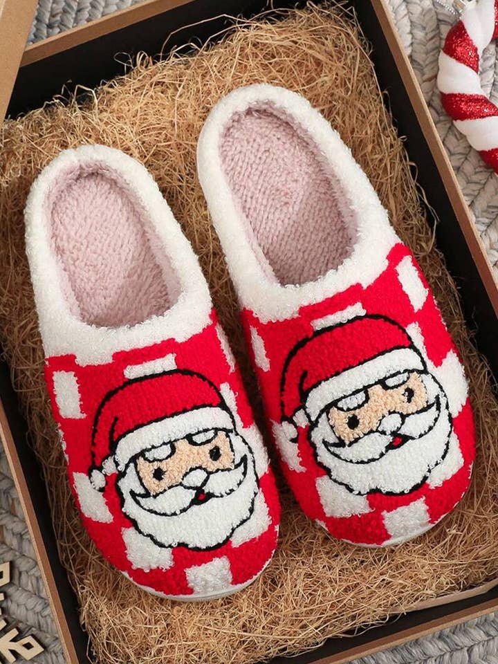 Vurige rode geruite pluche pantoffels voor thuis met afbeelding van de kerstman voor wholesale door Lovesoft