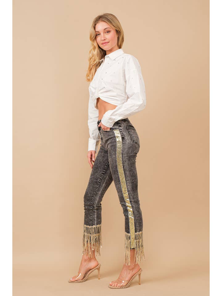 Blue B - Wholesale Jeans - Women's - 80058P - Garment Washed Side Sequin Tape Fringe Denim Jeans6