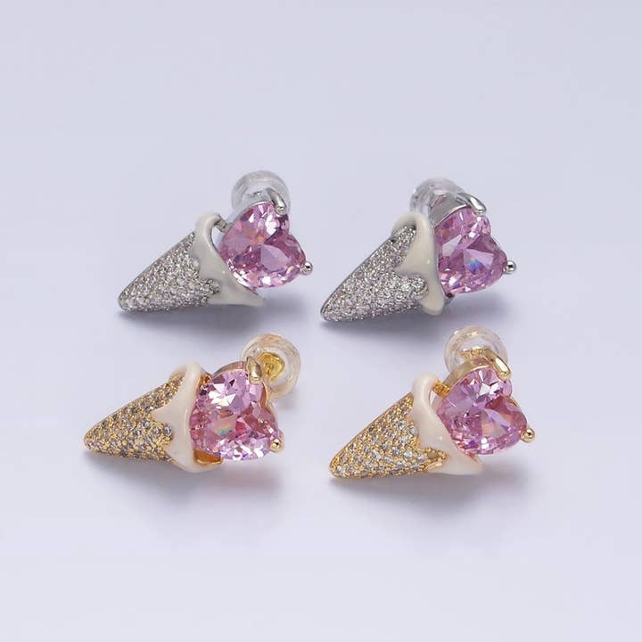 16K Gold Filled Pink CZ Heart Ice Cream Cone Micro Paved Stud Earrings in Gold & Silver | AD948 AD949 for wholesale by Aim Eternal