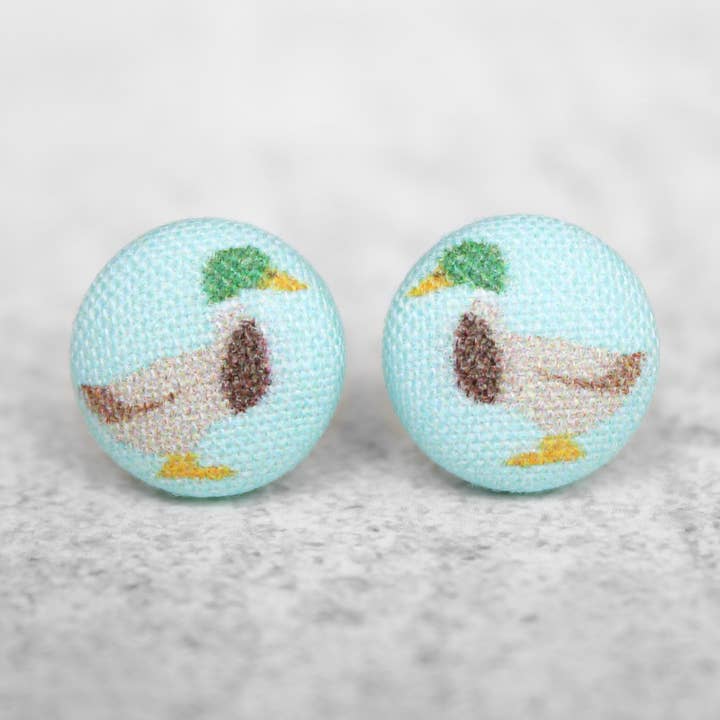Mallard Duck Fabric Button Earrings for wholesale by Rachel O's