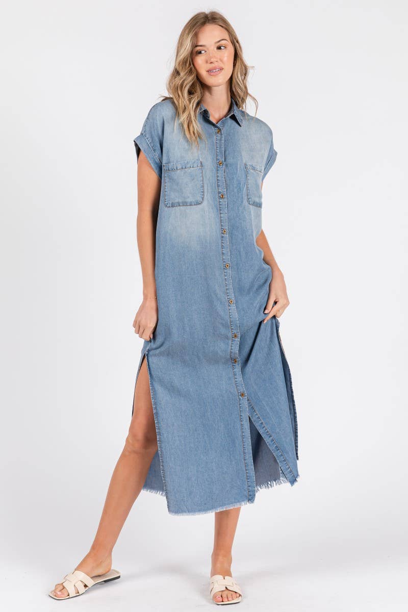 ZiA Apparel - Wholesale Jurk - Dames - Maxi spijkerjurk met korte mouwen en overhemdstijl22