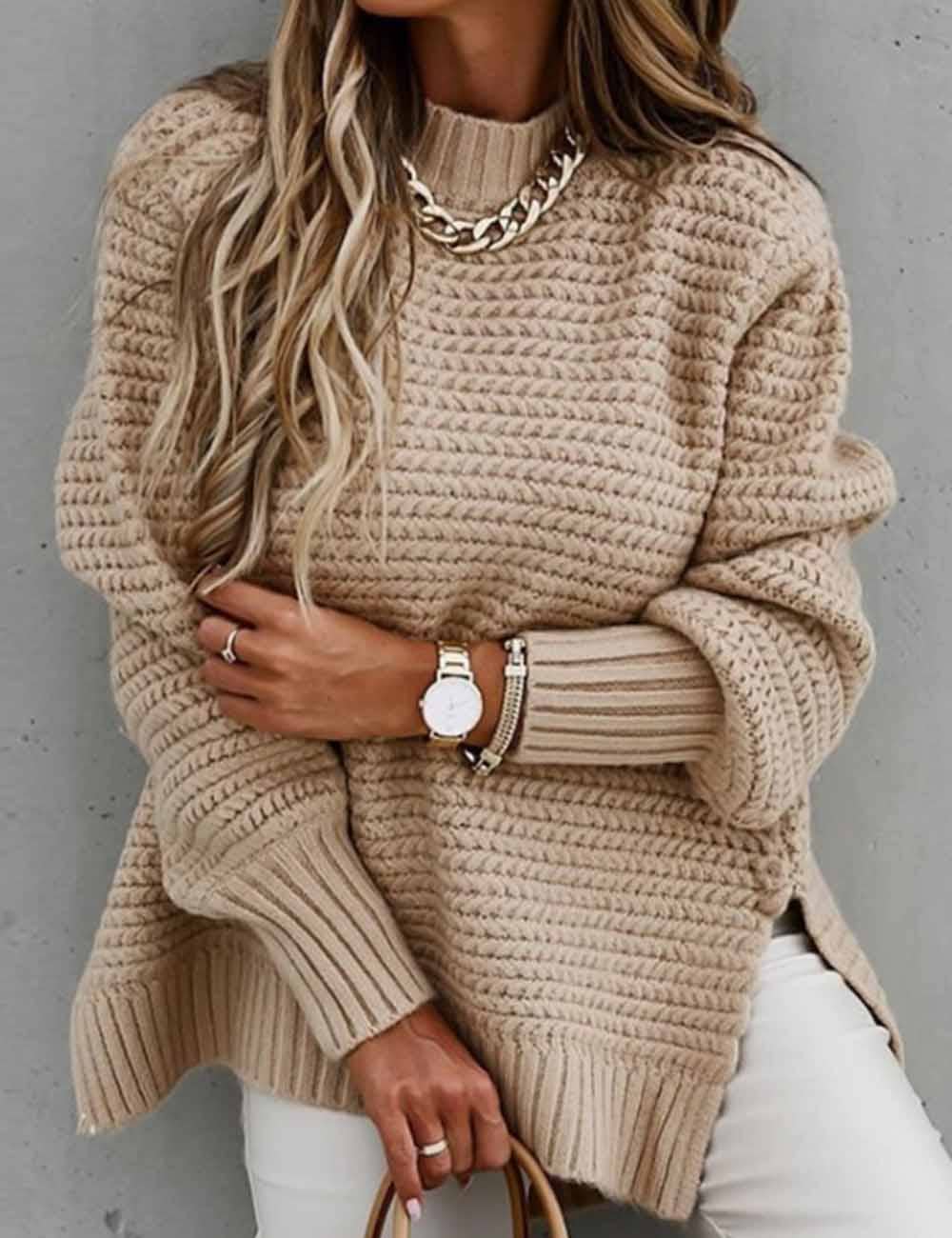 Sweetkama - Wholesale Knit Sweater - Women's - Ladies Solid Color Pullover Side Split Long Sleeves Sweater1