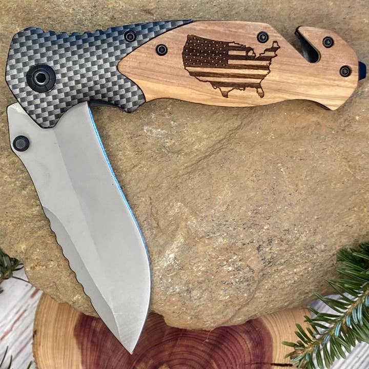 Flag in USA Shape Knife for wholesale by Quail Tail Laser Art